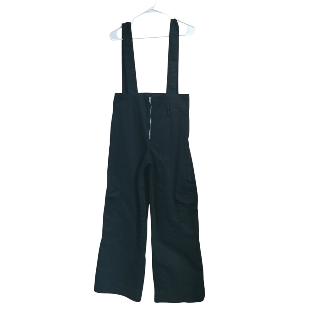 Like An Angel Black Wide Leg Suspender Jumpsuit Front Zip Utility Overall L